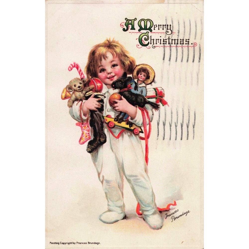 Christmas Postcard Frances Brundage Signed Child with Toys Teddy Bear Doll 1914 - Picture 1 of 2